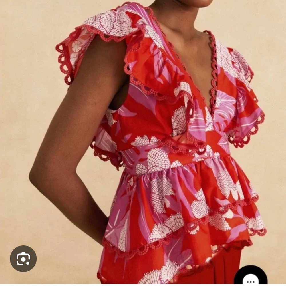 Farm Rio  New Red Dew Drop Floral blouse